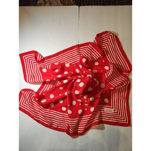 Vintage Bill Blass Red with White Polka Dots and Lines Silk Scarf Hand Turned He - Picture 4 of 6